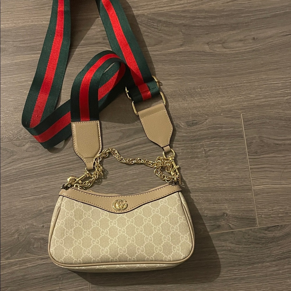 Beige Crossbody Bag with Red and Green Strap